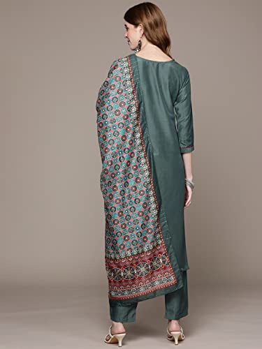 Image of anubhutee Women's Muslin Green Floral Embroidered Straight Kurta Suit Set With Pants And Dupatta