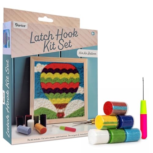 Image of Darice Latch Hook Rug Kit, Hot Air Balloon Design DIY Latch Hook Kit for Kids & Adults, Color Canvas, PreCut Yarn & Hook Tool, Craft Activity & Gift for Kids
