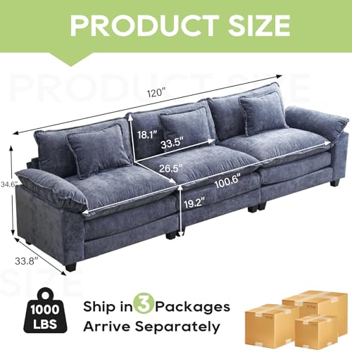Image of Oprisen 120 inch Modular Sectional Sofa, Comfy Cloud Couch Sectional, Chenille Sofa Sleeper Deep Seat Sofa with Throw Pillows for Living Room (Blue, 120 inch- 3 Seater)