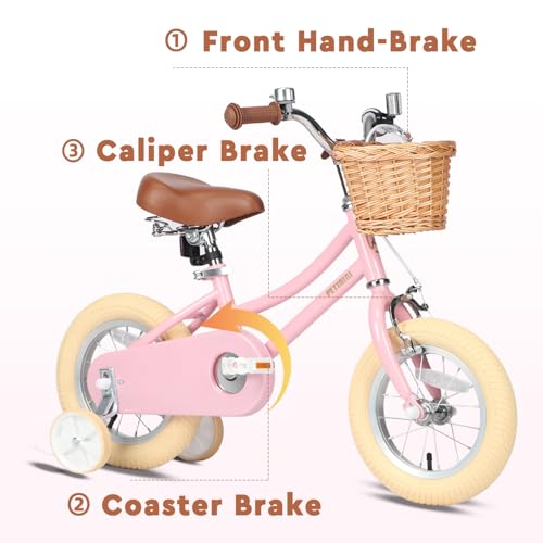 Image of Petimini Vintage Kids Bike for Girls, 12-20 Inch Classic Bicycle with Wicker Basket & Bell, High Tensile Steel Frame, Training Wheels (12-18 inch), 85% Pre-Assembled, Retro Bike for Outdoor Riding