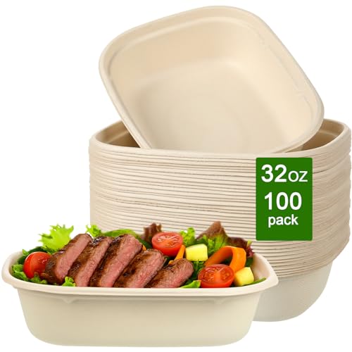 TINSKY 100 Pack 32 oz Large Paper Bowls Disposable Rectangle