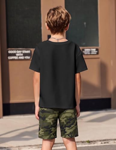 Image of Arshiner Boys Drop Shoulder T-Shirt & Drawstring Waist Shorts Summer Casual Outfits (5-12 Years)