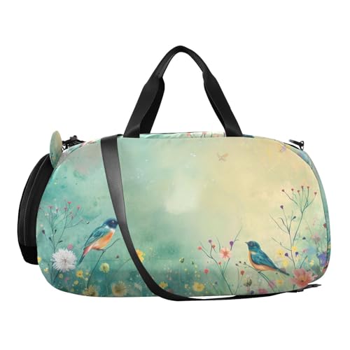 Duffle Bag for Boys or Girls with Shoes Compartment, Bird Wildflowers Emerald Green Sports Travel Bag Overnight2