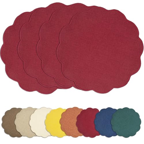 AHHFSMEI Round Scalloped Placemats Set of 4 15 Inch Faux Linen