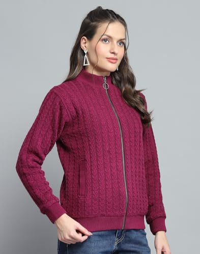 Image of Monte Carlo Womens Self Design Maroon Mock Neck Full Sleeve Jacket
