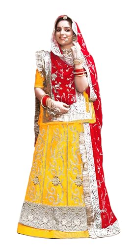 Image of Fancy Heavy Embroidery Work Shimmer Silk Semi-stitched Rajputi Poshak For Women Rajasthani Lehenga Choli