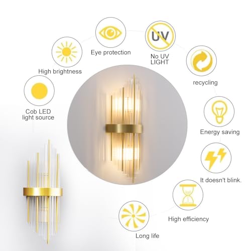 Image of Modern Brushed Titanium Gold Wall Sconce, Clear Glass Crystal Luxury Wall Light with Two E14 Bulbs, for Bedroom, Living Room, Bathroom Mirrors, Dressing Table, Bedside Table, Staircase, and Hallway