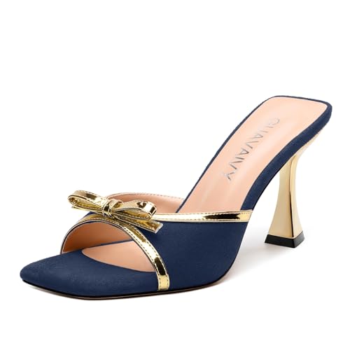 Square Toe Stilettos - Slip-On Heeled Sandals with Bow Accent, Dressy Work to Party Shoes for Women, Daily Occasion High Heels - Main Image