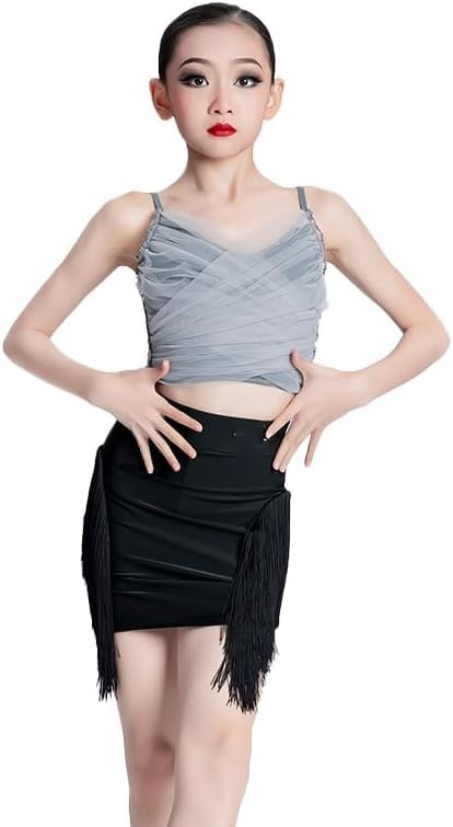 DgtZyrih Vestido de Baile Profesional para niñas,Traje de Baile de salón de Escenario Profesional,Tango Cha Cha Salsa Faldas Traje de actuación Tirantes Ropa de Baile de Competencia,Gris,130