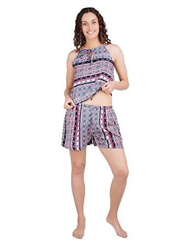 Image of Women's American Crepe Multicolor Printed Night Suit Set of Top & Shorts