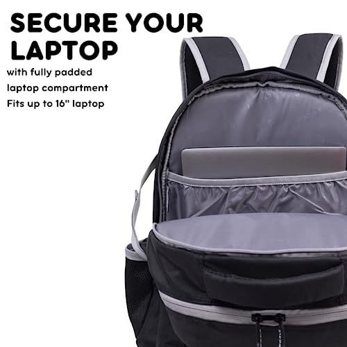 Image of J World New York Atom Laptop Backpack - Ergonomic Backpack for School with Air Mesh Padded Shoulder Straps - 600D Polyester Work Backpack for Men and Women - Stylish Design (BLACK)