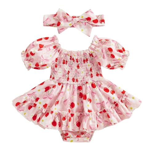 Image of Newborn Infant Baby Girl Smocked Bubble Summer Short Sleeve Romper Dress Pink Bow Onesie + Headband