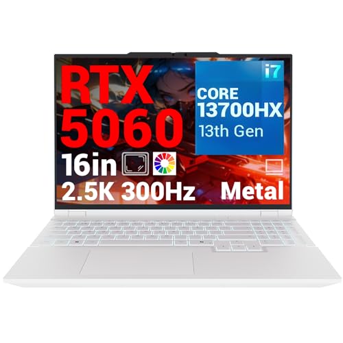 FIREBAT Gaming Laptop, 16'' QHD 300Hz (2560x1600) 2,5K, Core i7-13700HX, RTX 5060, 16GB DDR5 RAM, 1TB PCIe 4.0 SSD, 500nits, Wi-Fi 6E, BT5.3, Metallo,Backlit, Bianco, Per Gamer & Content Creator