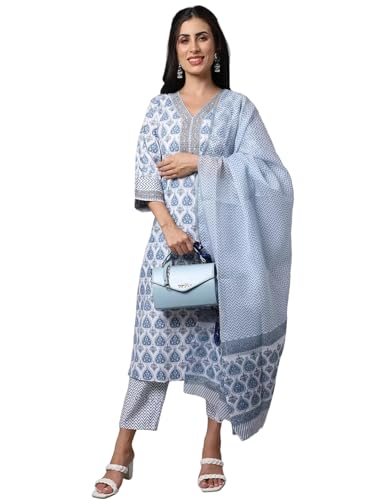 Image of Tee Projekt Women's Cotton Blend Kurta Set with Dupatta | Kurta Set for Women | Festive Kurta Set for Women | Regular Fit Kurta