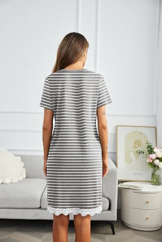 Image of Ekouaer Women Striped Nightgowns Button Down Sleepshirts Short Sleeves Nightshirts