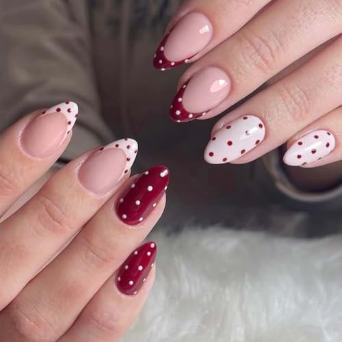 Polka Dot Press on Nails Medium Almond Fake Nails White Red Frenc...