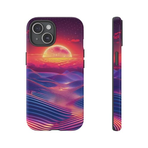 Coque iPhone 15 rigide brillante bleu Vivid Sunset Waves haut de gamme de qualité