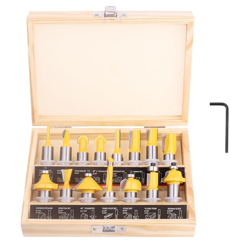 BAIDETS 15 Pcs Router Bits Set 1/2 Inch Shank Tungsten Carbide Router Bits Woodwork Tools
