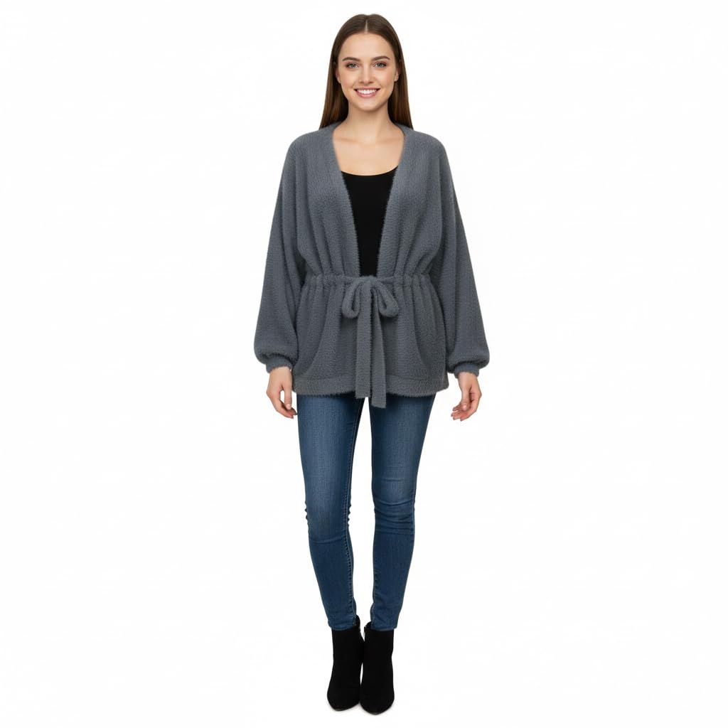 Women Grey Single Piece Fluffy Belted Cardigan Sweater for Winter Layering and Casual Wear Plus Size Bust APX 52 Inch-image-13