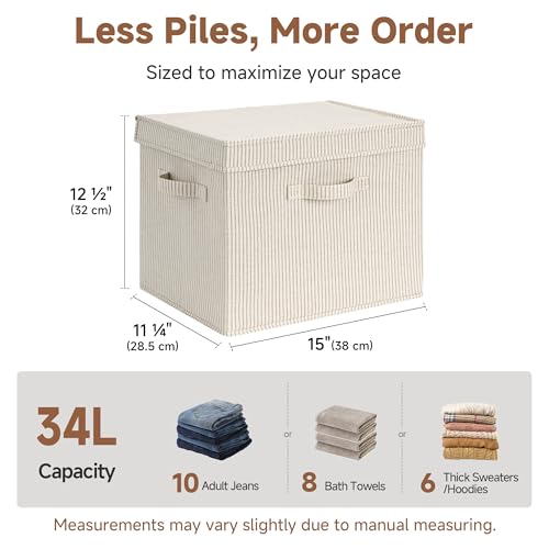 Image of StorageWorks Storage Bins with Lid, Decorative Fabric Storage Bins with Handles, Stackable Closet Organizers for Shelves and Bedroom, Large, Khaki and Beige Stripes, 2-Pack
