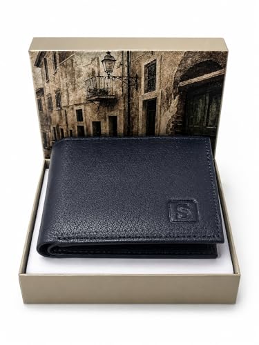Image of SOVANO Genuine Leather Wallets for Man Original Bi Fold Slim Mens Wallets Design with RFID Protection ID Window Easy Access 6 Card Slots 2 Hidden Pockets Compact Gift for Men (Navy Blue)