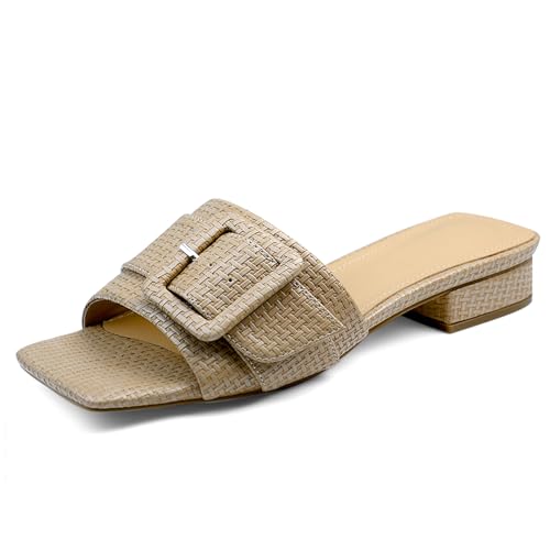 Image of Women's Slide Heeled Sandals Opened Square Toe Chunky Block Heel Slippers with Buckle Slip on Casual Comfortable Pumps