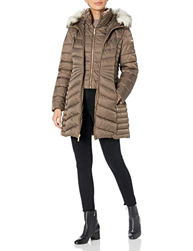 Laundry by Shelli Segal Women's 3/4 Puffer Jacket with Detachable Faux Fur Strip and Bib