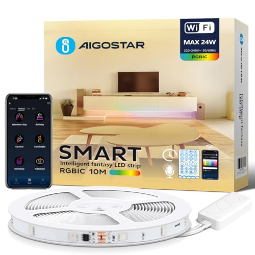 Aigostar Striscia LED Alexa, RGBIC, 10M(30LEDs/M), 24W, Striscie LED Smart con Controllo Segmenti, Sync Musica, Colore Fai da te per Camera, Festa, Bricolage, Decorazione della Casa, Gaming