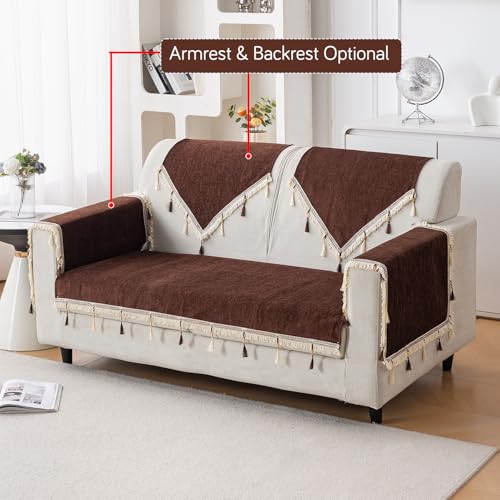 Image of HOKIPO 'Serenity Tassel' Chenille 2 Seater Sofa Cover with Tassel - Chestnut Luke (IN-891-BR)