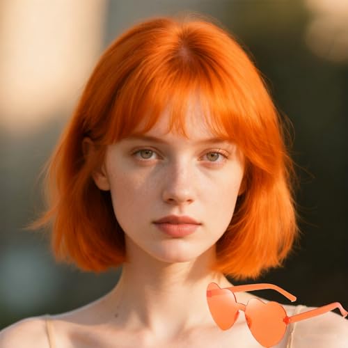 PHOENIXFLY Short Orange Bob Wig With Bangs -12 Inch Natural Fashion Bob Wigs for Women Cute Colored Synthetic Wig for Daily Party Halloween (Orange 12 Inch)