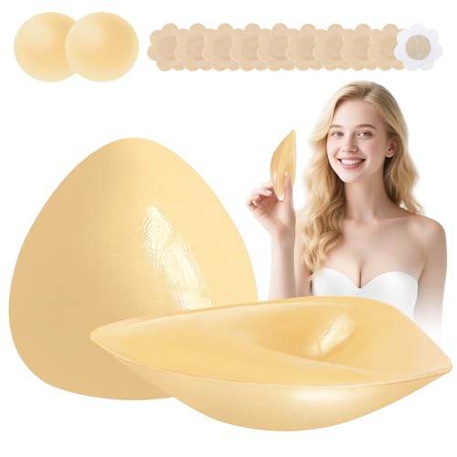 Dersoud Sticky Bra Inserts - Soft Invisible Reusable Double Sided Sticky Bra for Women with Lift Support, Washable for Bikini, Swimsuit, Wedding, Strapless Dress Beige