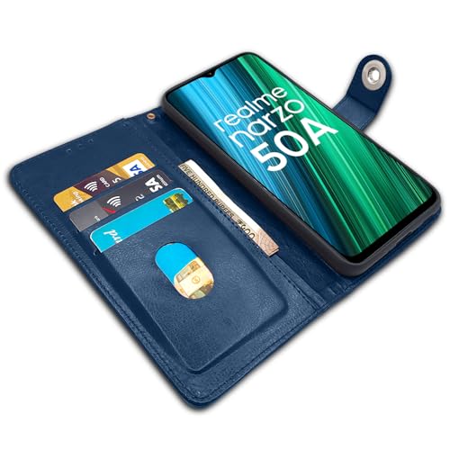 Image of Pikkme Realme Narzo 50A Flip Cover Leather Finish | Inside TPU with Card Pockets | Wallet Stand and Shock Proof | Complete Protection Button Flip Case (Blue)