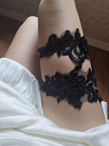 Wedding garters for bride sequins lace bridal garter set (Black)