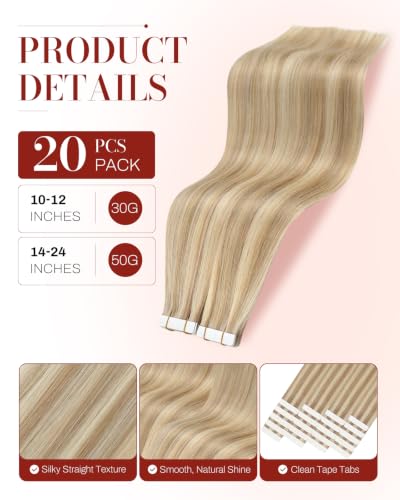 Image of Moresoo Tape Extensions Human Hair Honey Blonde Highlights 24in 20Pcs 50g | Seamless tape in hair extensions human hair, extra-long strands, warm blonde blend for braids and photo shoot styling