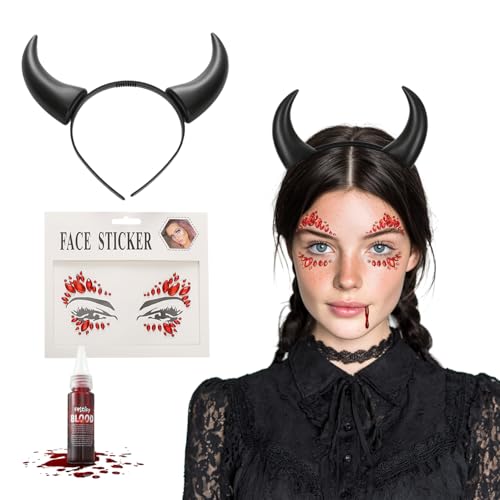 Festicy Teufel Haarreif Set I Teufel Hörner mit 25 ml Fake Blut und Gesicht Sticker I für Teufel Kostüm Damen, Teufel Kostüm Kinder, Teufel...