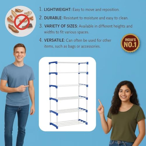 Image of 6 Tier Shoe Rack with Shelf, Thick Strong Pipes for Heavy Load Multipurpose Organizer Rack Shoe, Cloth & Book Storage Shelf for Home, Balcony, Living Room & Workspace