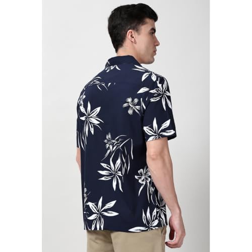 Image of Peter England Men's Cotton Blend Classic Fit Floral Print Casual Shirt | Cuban Collar, Half Sleeves | Casual Wear