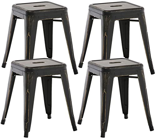 CLP Lot De 4 Tabourets Bas Armin en Métal I Siège sans Dossier Empilable I Tabouret Bas Carré Multi Usage I Charge Max. 200 kg, Couleur:Noir/Or