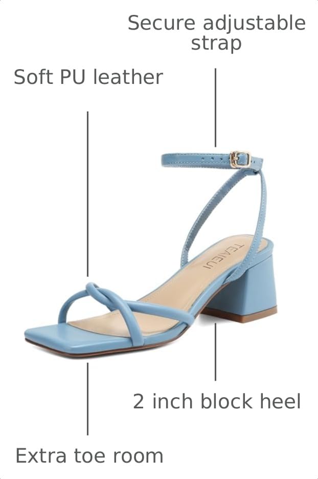 Image of TEAIEUI Chunky Heels for Women, Square Open Toe Heeled Sandals, Strappy Ankle Strap Shoes for Dress, Party, Prom, Block Low Heel 2 inch