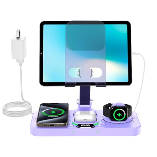 6 in 1 Wireless Charger for Apple Multiple Devices, Charging Station with Clock &7 Color Ambient...