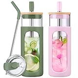 Kodrine 24oz Glass Tumbler with 2 Lids and Straws, Glass Cup With Bamboo Lid and On-the-go Lid, Reusable Iced Coffee Cup, Ideal for Smoothie, Cold Drinks, Fit Cup Holder, BPA Free (2, Olive+Pink)