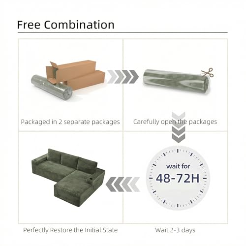 Image of 104 inch L Shaped Boneless Sectional Couches for Living Room, Comfy Corduroy Floor Cloud Sofa with Chaise and Cup Holder, Wide Armrest, Deep Seat, Assembly Free, Ideal for Small Spaces, Green