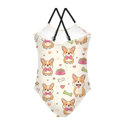 Cute Corgi Dog with Bones Girls Swimsuit One Piece Bathing Suit Beach Swimwear with Adjustable Straps 3-10Years2