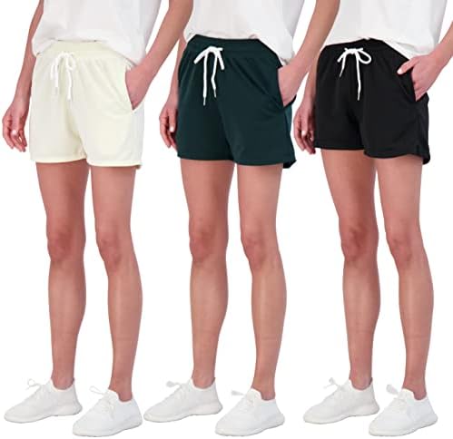 Real Essentials 3 Pack: Womens Cotton French Terry Shorts Pockets Ladies Summer Casual Running Yoga Lounge Walking Athletic Hiking Workout Active Pockets Drawstring Sweat Summer Gym- Set 5, Medium