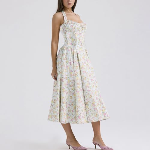 Image of Women Floral Corset Dress Halter Neck Low Cut Bustier Lace Midi Dress Flowy Pleated Hem Long Sundress with Pockets