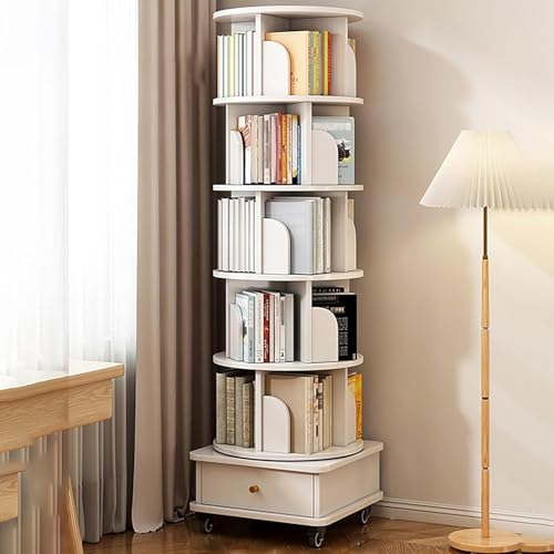 Estantería de madera giratoria resistente, estante esquinero con cajones, fácil montaje, capacidad para 40 libros por estante para sala de estar y oficina en casa (blanco, 6)