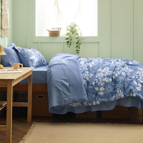 Image of Bedsure Floral Blue Comforter Set, Twin-XL Bedding Sets, Dorm, 5 Piece | Bed in a Bag, Bedroom, Dorm Room,Reversible, Fluffy, Whisper-Quiet, All-Season, Polyester, Easy Care, Botanical-Chic, OEKO