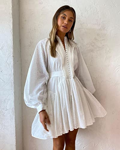 Image of Summer Cotton V Neck Long Losse Sleeve Casual Party A-Line Dresses Embroidery Short Dress