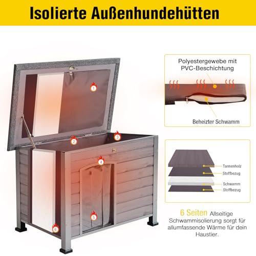 Aivituvin Hundehaus Indoor Outdoor Holz Hundekennel für den Winter, wetterfest, geeignet für kleine, mittlere und große Hunde, einzigartiges Ganzumfassung Stahlrahmen (Grau, L mit isolierter)