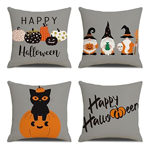 Hallowen Fall Pillow Covers Set of 4 18x18 inch , Home Decor Hocus Pocus Pillowcase Autumn Thanksgiving Gnome Pumkin Cat Decorations Cushion Case for Bedding Couch Sofa Cover